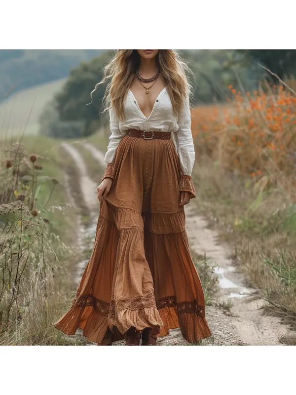 Retro V-neck Contrast Linen Women's Long-sleeved Long Skirt Pastoral Style Linen Dress - Viewbena.com 