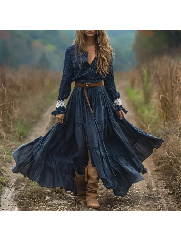 Retro V-neck Linen Women's Long-sleeved Long Skirt Pastoral Style Polka Dot Shirt Linen Dress - Viewbena.com 
