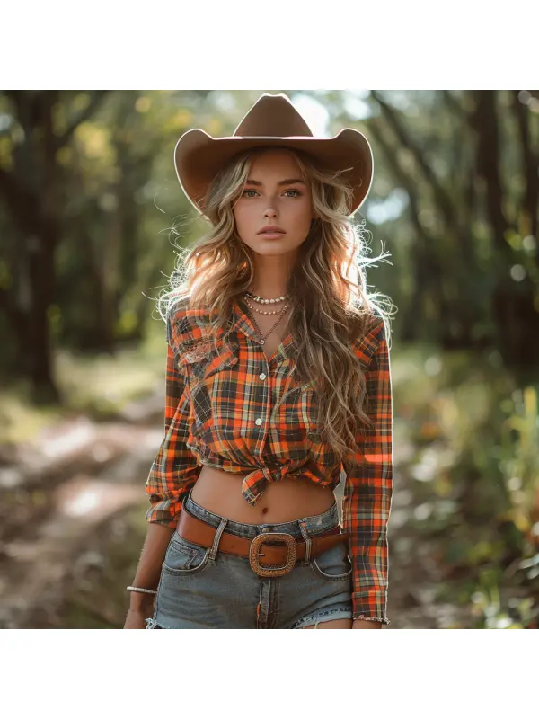 Retro Casual Plaid Long-sleeved Shirt Sexy Short Shirt - Anrider.com 