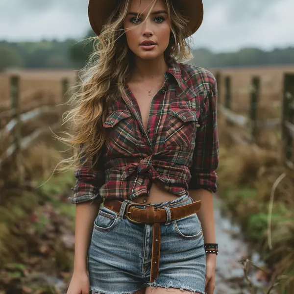 Retro Casual Plaid Long-sleeved Shirt Sexy Short Shirt - Ootdyouth.com 