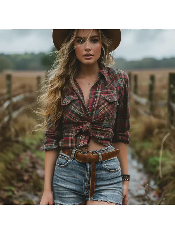 Retro Casual Plaid Long-sleeved Shirt Sexy Short Shirt - Anrider.com 