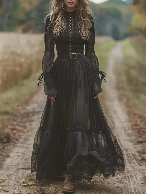 Retro Lace Linen Women's Long-sleeved Long Skirt Pastoral Style Linen Dress - Simplyion.com 