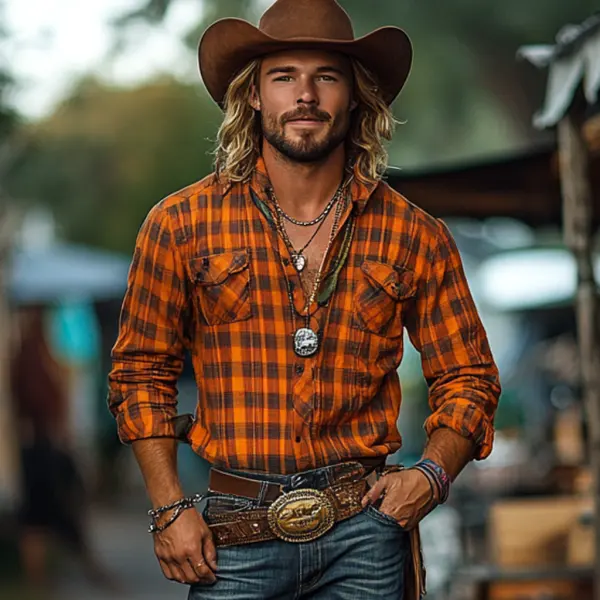 Vintage Retro Western Cowboy Style Men's Casual Plaid Shirt - Dozenlive.com 