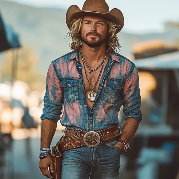 Vintage Retro Western Cowboy Style Men's Casual Shirt - Yiyistories.com 