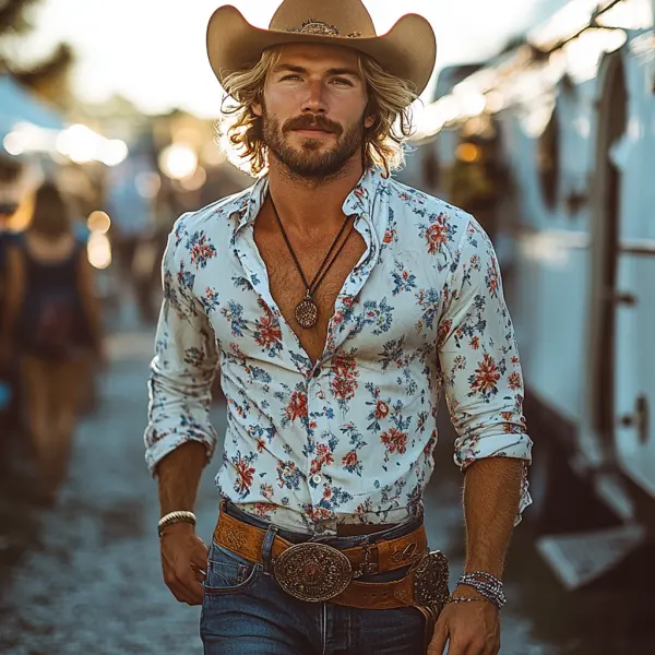 Vintage Retro Western Cowboy Style Men's Casual Shirt - Nicheten.com 