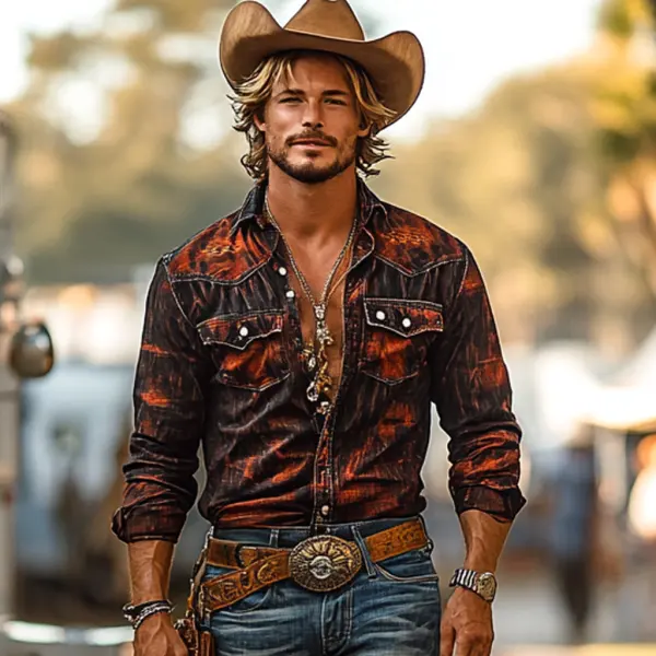 Vintage Retro Western Cowboy Style Men's Casual Shirt - Dozenlive.com 