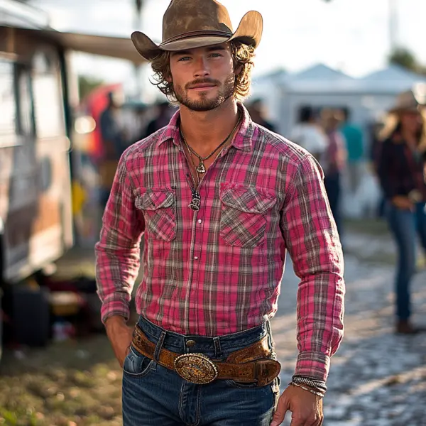 Vintage Retro Western Cowboy Style Men's Casual Plaid Shirt - Nicheten.com 