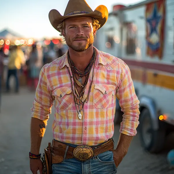 Vintage Retro Western Cowboy Style Men's Casual Plaid Shirt - Nicheten.com 