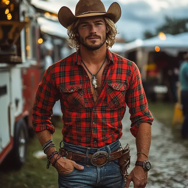 Vintage Retro Western Cowboy Style Men's Casual Plaid Shirt - Dozenlive.com 