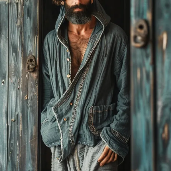 Men's Linen Vintage Ethnic Hoodie Jacket - Yiyistories.com 