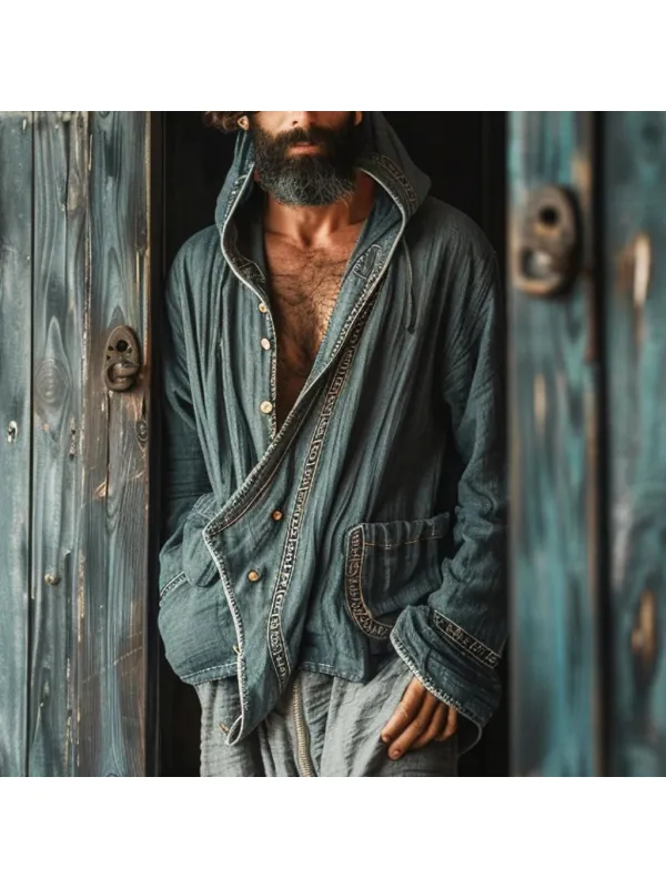 Men's Linen Vintage Ethnic Hoodie Jacket - Aptkoi.com 
