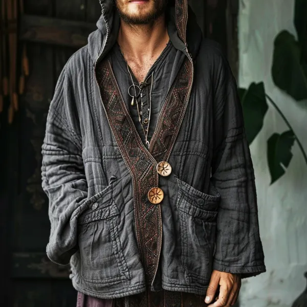 Men's Linen Ethnic V-neck Hoodie Loose Jacket - Yiyistories.com 