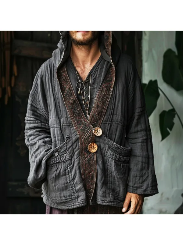 Men's Linen Ethnic V-neck Hoodie Loose Jacket - Aptkoi.com 