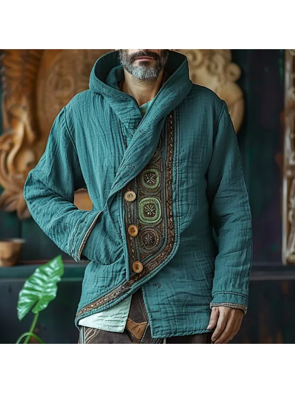 Men's Vintage Linen Ethnic Hoodie Loose Jacket - Aptkoi.com 
