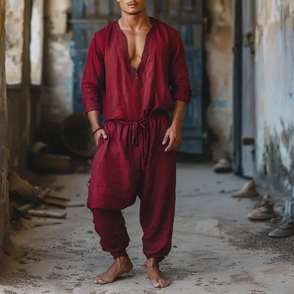 Men's V-neck Long-sleeved Linen Jumpsuit Casual Loose, Comfortable, Refreshing And Breathable Jumpsuit - Yiyistories.com 