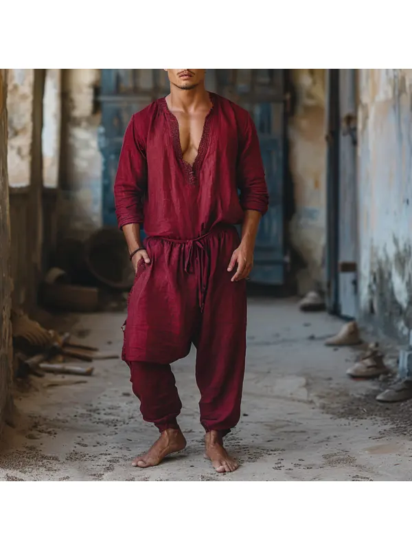 Men's V-neck Long-sleeved Linen Jumpsuit Casual Loose, Comfortable, Refreshing And Breathable Jumpsuit - Localziv.com 