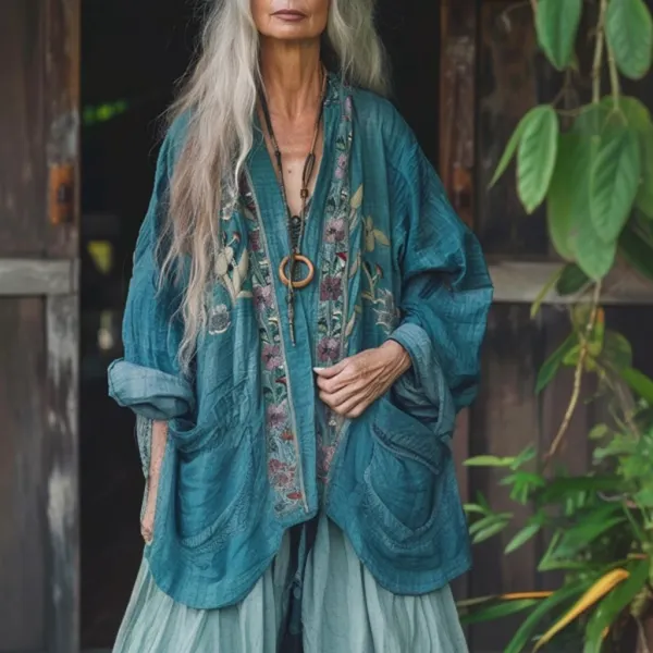 Women's Linen Bohemian Flower Linen Kimono - Nicheten.com 