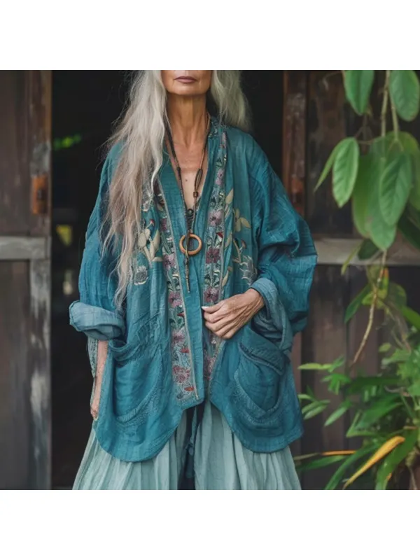 Women's Linen Bohemian Flower Linen Kimono - Realyiyi.com 