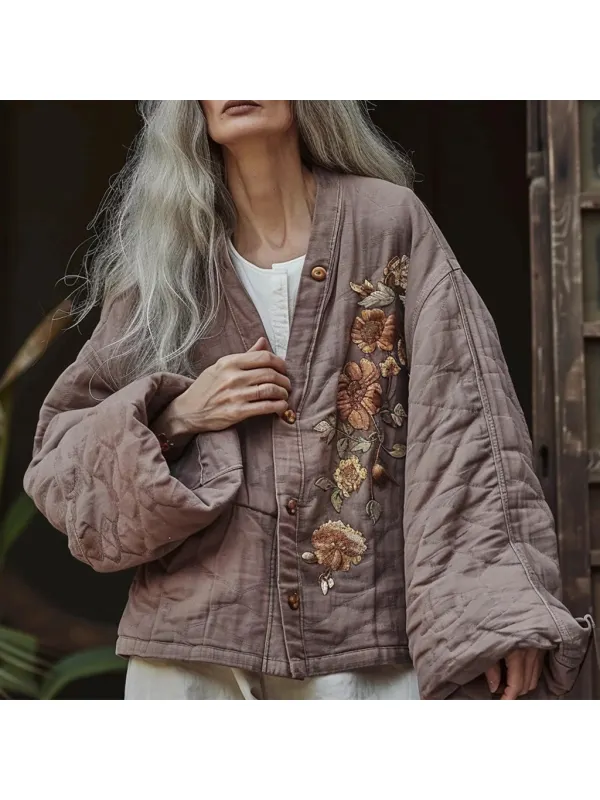 Women's Linen Flower Printed Casual Jacket - Hoplady.chimpone.com 