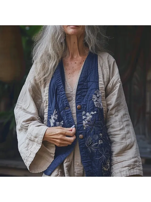 Women's Linen Flower Printed Patchwork Kimono - Ootdmw.com 