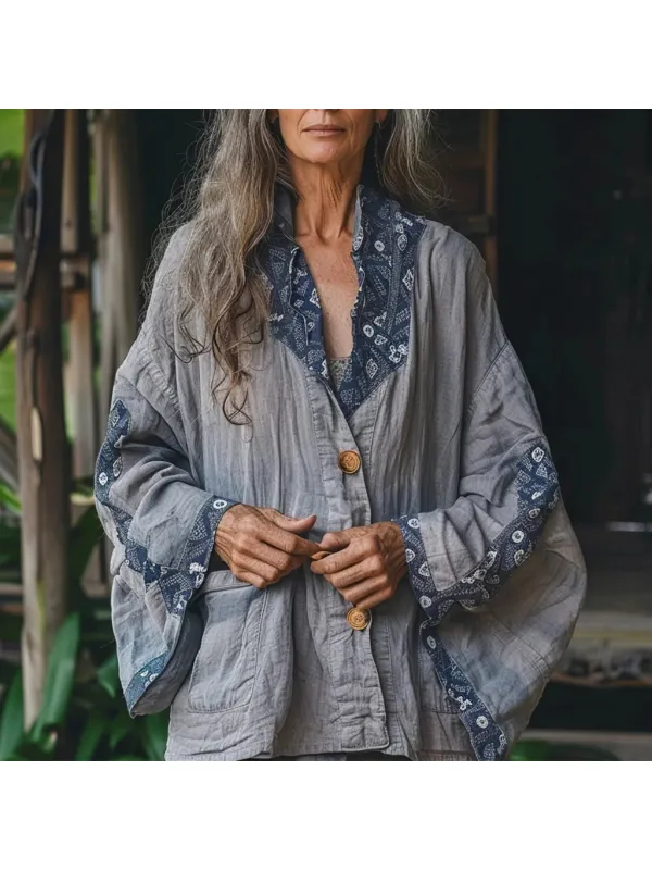 Women's Linen Bohemian Floral Print Patchwork Kimono Jacket - Realyiyi.com 