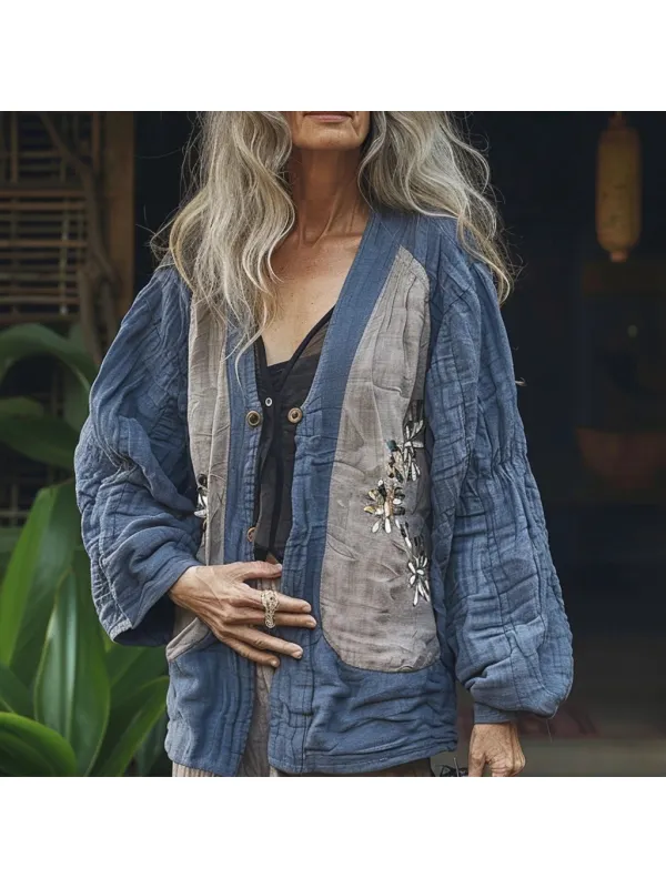 Women's Linen Flower Printed Patchwork Casual Kimono Jacket - Cominbuy.com 