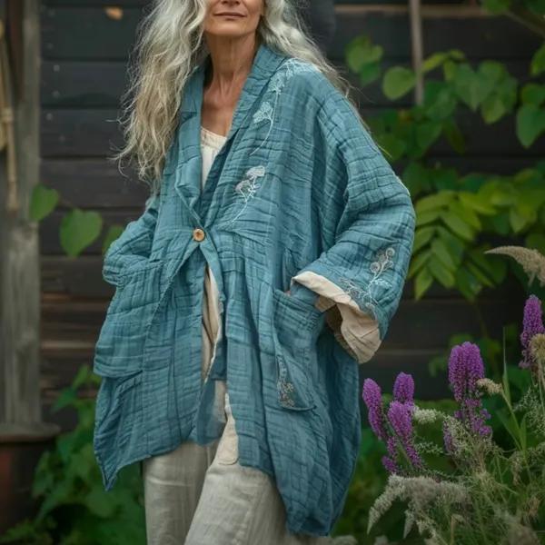 Women's Linen Bohemian Floral Print Simple Kimono Jacket - Yiyistories.com 