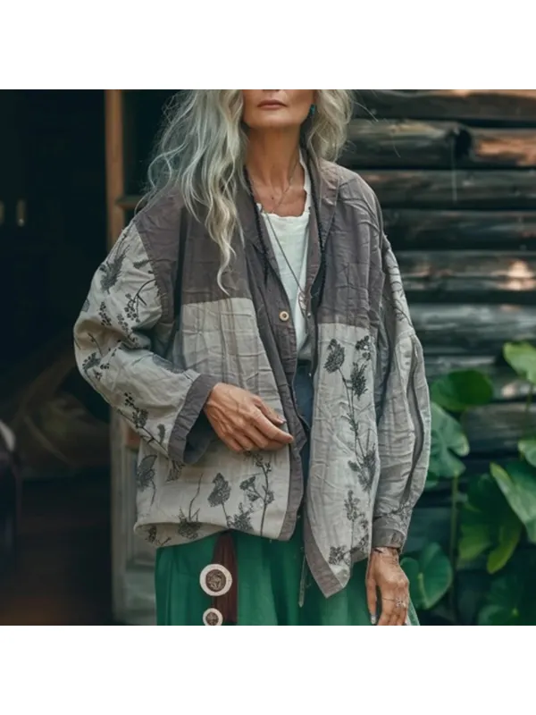 Women's Linen Flower Patchwork Casual Kimono Jacket - Realyiyi.com 