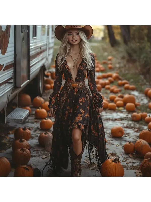 Vintage Cowgirl Style Halloween Floral Dress - Anrider.com 