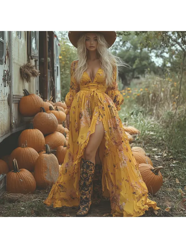 Vintage Cowgirl Style Halloween Floral Dress - Timetomy.com 