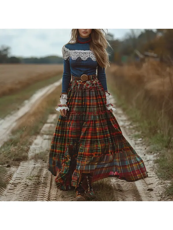 Women's Retro High Neck Long Sleeve Long Skirt Plaid Pastoral Style Dress - Realyiyi.com 