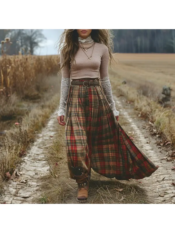 Women's Retro High Neck Long Sleeve Long Skirt Plaid Pastoral Style Dress - Viewbena.com 