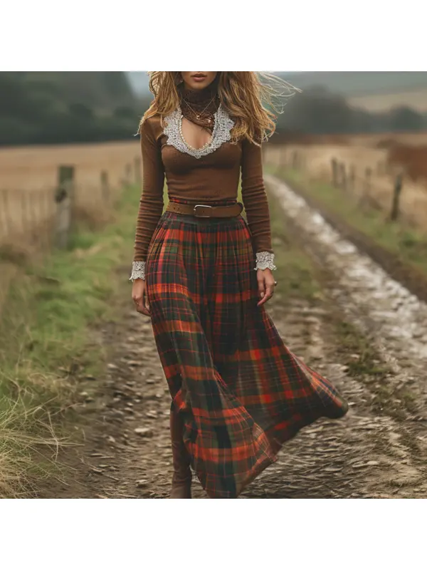 Women's Retro Plaid V-neck Long-sleeved Long Skirt Pastoral Style Dress - Realyiyi.com 