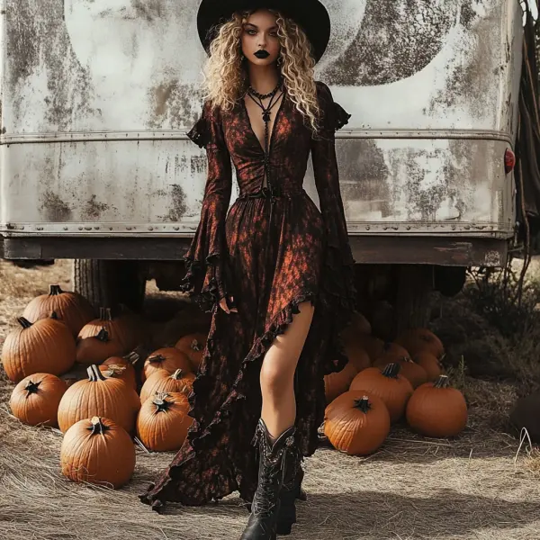 Retro Halloween Witch Tie-dye Contrast Color Long-sleeved Dress - Localziv.com 