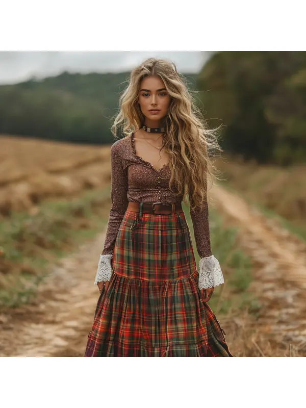 Women's Retro Plaid V-neck Long-sleeved Long Skirt Pastoral Style Dress - Realyiyi.com 