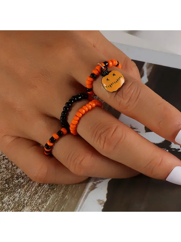 Personalized Elastic Rice Bead Ring Set Pumpkin Pendant Halloween Ring - Localziv.com 