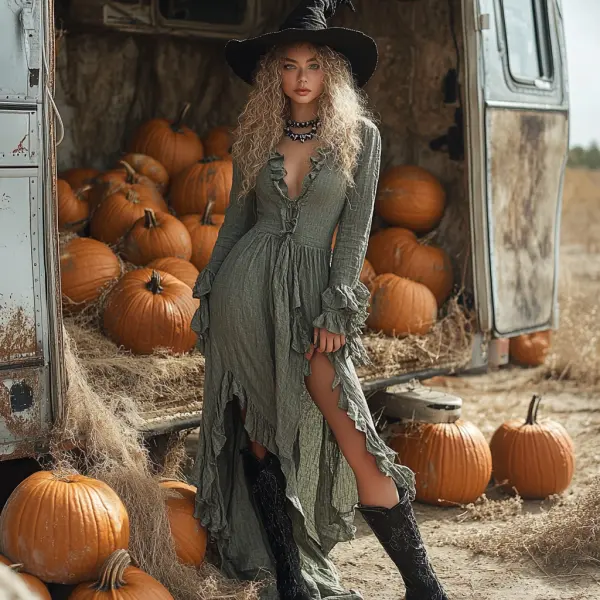 Vintage Halloween Linen Solid Color Long Sleeve Dress - Dozenlive.com 