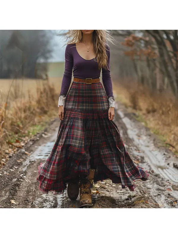 Women's Retro Plaid V-neck Long-sleeved Long Skirt Pastoral Style Dress - Realyiyi.com 