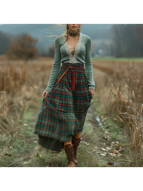 Women's Retro Plaid V-neck Long-sleeved Long Skirt Pastoral Style Dress - Realyiyishop.com 