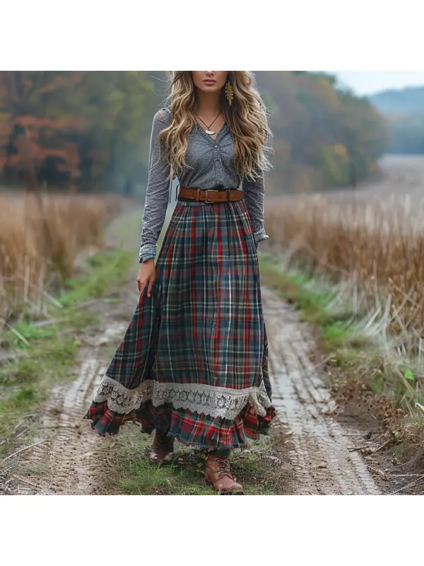 Women's Retro Plaid V-neck Long-sleeved Long Skirt Pastoral Style Dress - Cominbuy.com 