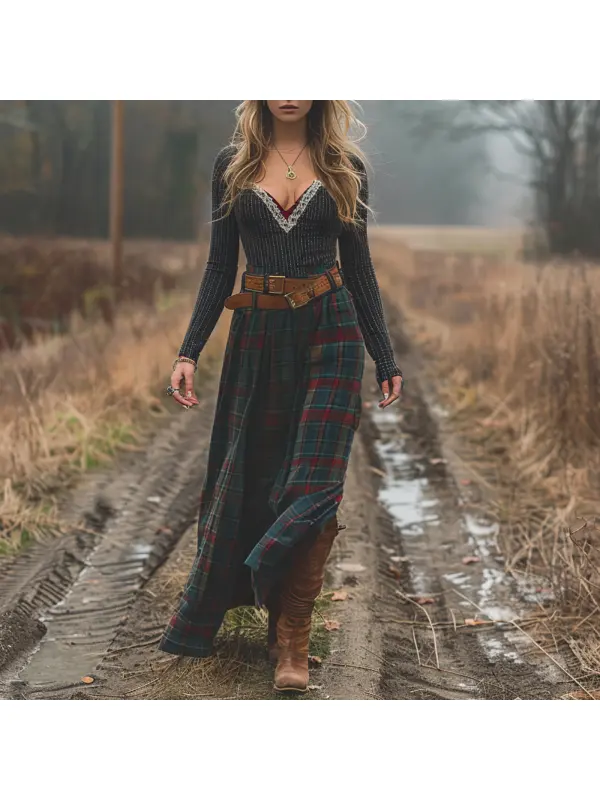 Women's Retro Plaid V-neck Long-sleeved Long Skirt Pastoral Style Dress - Cominbuy.com 