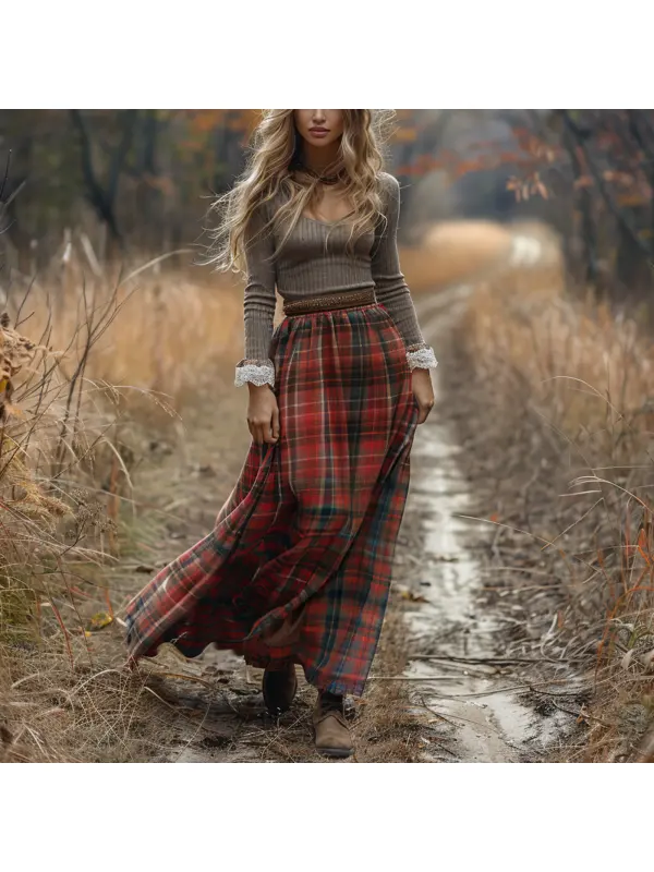 Women's Retro Plaid V-neck Long-sleeved Long Skirt Pastoral Style Dress - Cominbuy.com 