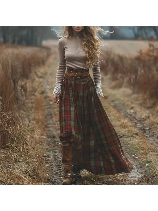 Women's Retro High Neck Long Sleeve Long Skirt Plaid Pastoral Style Dress - Realyiyi.com 