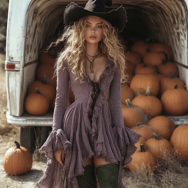 Vintage Halloween Linen Solid Color Long Sleeve Dress - Dozenlive.com 