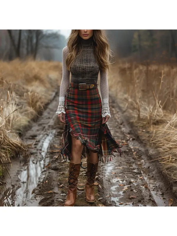 Women's Retro High Neck Long Sleeve Long Skirt Plaid Pastoral Style Dress - Realyiyi.com 