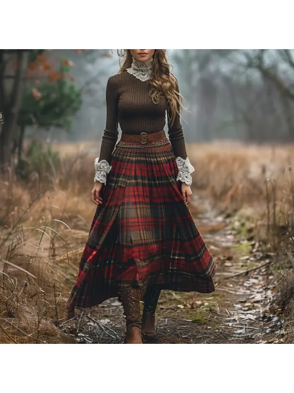 Women's Retro High Neck Long Sleeve Long Skirt Plaid Pastoral Style Dress - Realyiyishop.com 