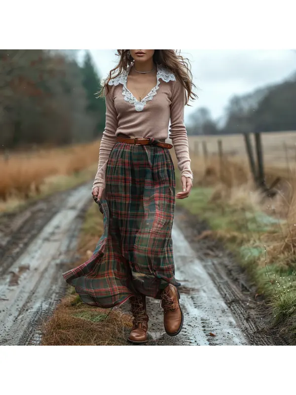 Women's Retro Plaid V-neck Long-sleeved Long Skirt Pastoral Style Dress - Viewbena.com 