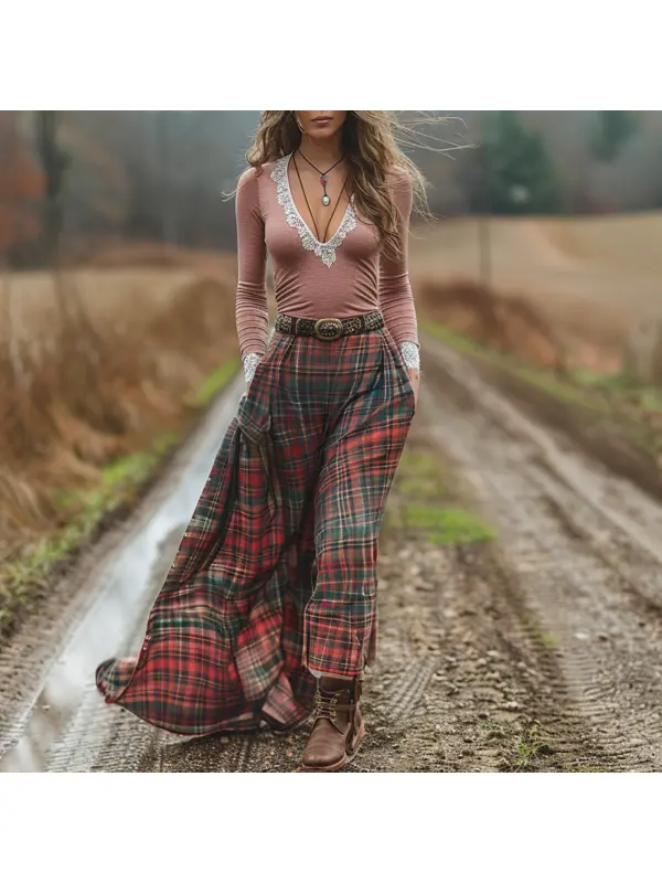 Women's Retro Plaid V-neck Long-sleeved Long Skirt Pastoral Style Dress - Realyiyi.com 