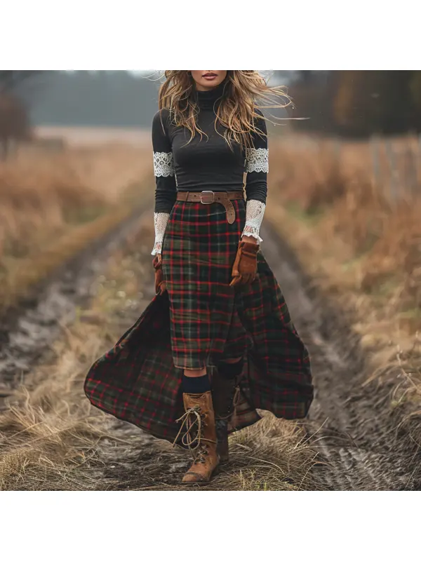 Women's Retro High Neck Long Sleeve Long Skirt Plaid Pastoral Style Dress - Cominbuy.com 