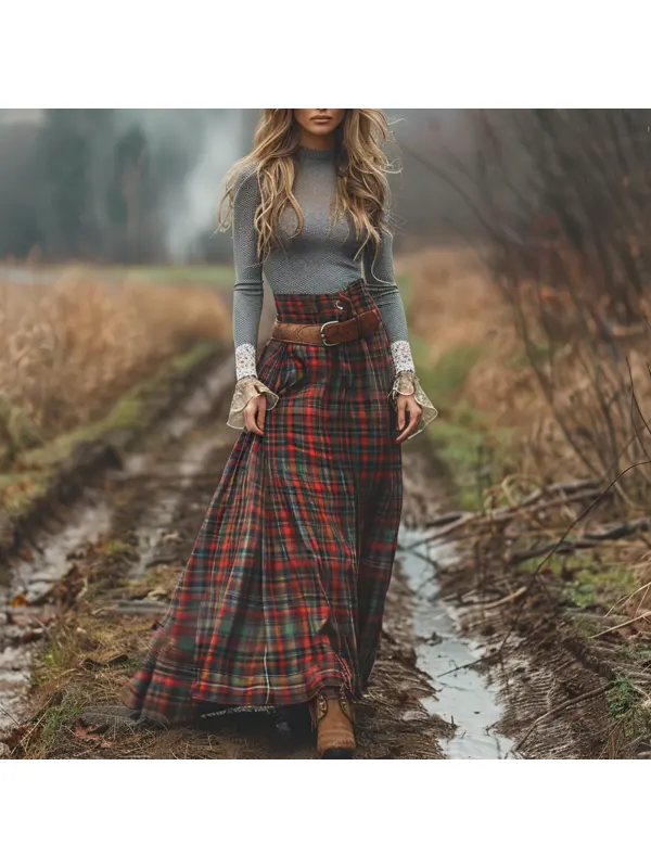 Women's Retro High Neck Long Sleeve Long Skirt Plaid Pastoral Style Dress - Cominbuy.com 